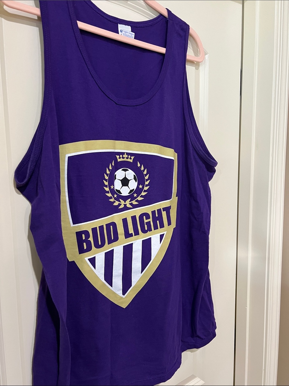 Gildan Purple Tank Top with Gold Bud Light and soccer Logo H244